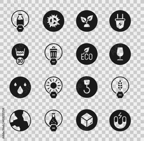Set Magnet, Gluten free grain, Fragile broken glass, Plant based, Trash can, Temperature wash, Lactose and Leaf Eco symbol icon. Vector