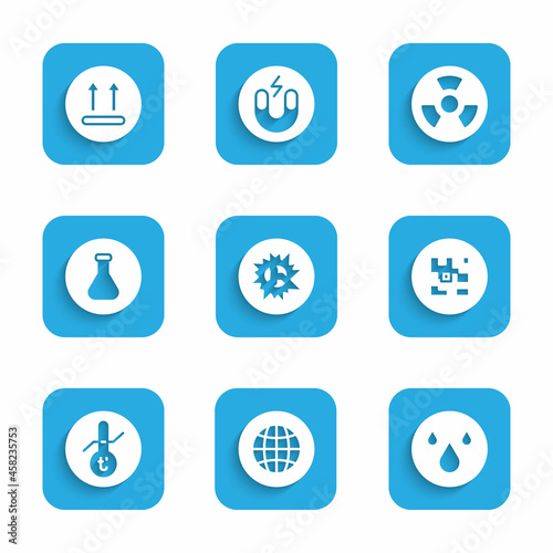 Set Bomb explosion, Social network, Water drop, QR code, Meteorology thermometer, Test tube and flask, Radioactive and Temperature wash icon. Vector