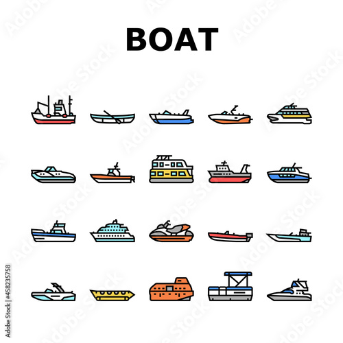 Boat Water Transportation Types Icons Set Vector. Runabout And Catamaran, Fishing And Bowrider, Motor Yacht And Cabin Cruiser Boat Line. Ship And Motorboat Transport Color Illustrations photo