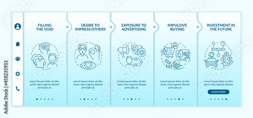Reasons for consumerism blue gradient onboarding vector template. Responsive mobile website with icons. Web page walkthrough 5 step screens. Desire to buy color concept with linear illustrations