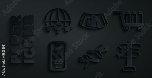 Set Plane, Trolley baggage, Mobile with ticket, Road traffic sign, Conveyor belt suitcase and Globe flying plane icon. Vector