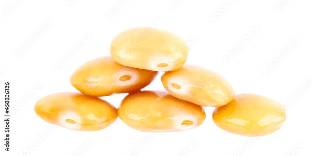 Pickled yellow lupine beans isolated on white background. Tournus, preserved lupinus.