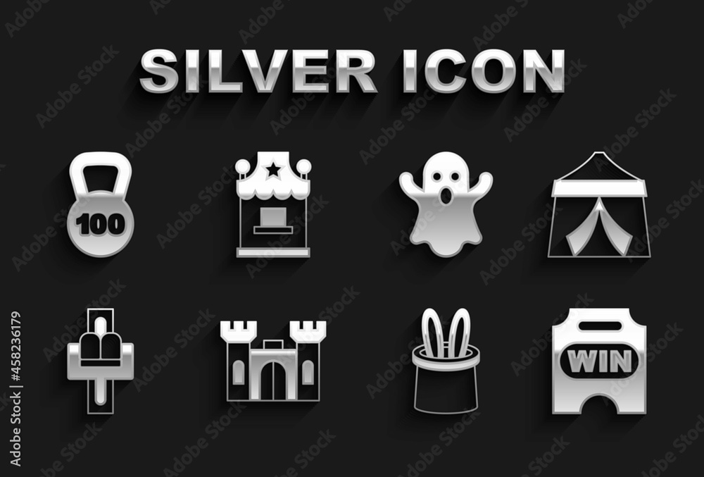 Set Castle, Circus tent, ticket, Magician hat and rabbit ears, Attraction carousel, Ghost, Weight and Ticket box office icon. Vector Set Castle, Circus tent, ticket, Magician hat and rabbit ears, Attraction carousel, Ghost, Weight and Ticket box office icon. Vector