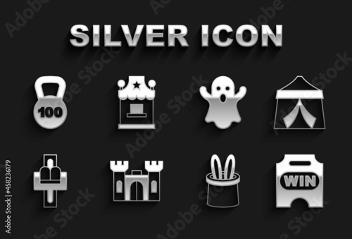 Set Castle, Circus tent, ticket, Magician hat and rabbit ears, Attraction carousel, Ghost, Weight and Ticket box office icon. Vector