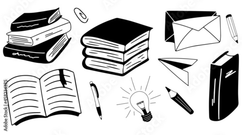 School books doodle elements. Black vector illustration. Notebook, pen sketch