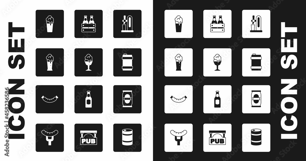 Set Beer tap with glass, Glass of beer, Metal keg, Pack bottles, can and Sausage icon. Vector