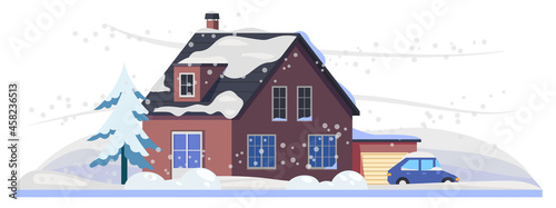 Snow and house under winter snowfall, cold weather