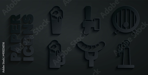Set Sausage on the fork, Wooden barrel, beer mug, Beer tap, and Glass of icon. Vector