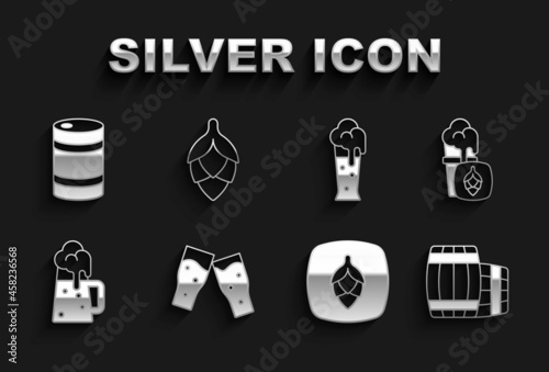 Set Glass of beer, Wooden barrel, Hop, mug, Metal keg and icon. Vector