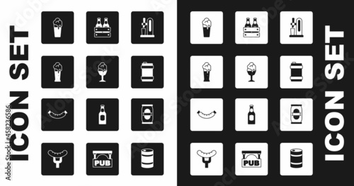 Set Beer tap with glass, Glass of beer, Metal keg, Pack bottles, can and Sausage icon. Vector