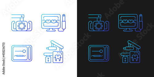 Dental devices gradient icons set for dark and light mode. Lightening oral cavity. Sterilizer box. Thin line contour symbols bundle. Isolated vector outline illustrations collection on black and white