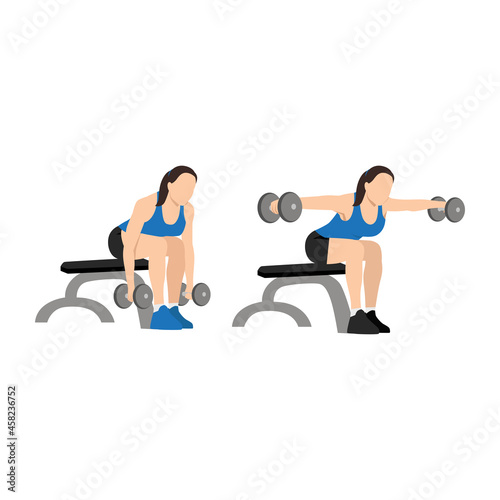 Woman doing Dumbbell bent over reverse flyes. Flat vector illustration isolated on white background