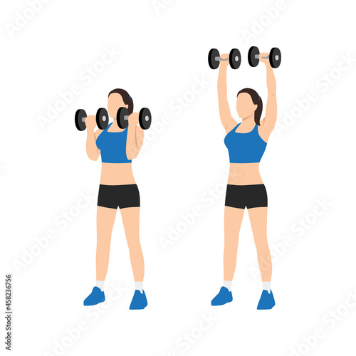 Woman doing Arnold press exercise. Flat vector illustration isolated on white background photo
