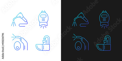 Going to dentist gradient icons set for dark and light mode. Moistening mouth. Whitening machine. Thin line contour symbols bundle. Isolated vector outline illustrations collection on black and white