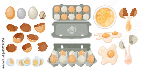 Eggs in carton box tray and broken, farm product