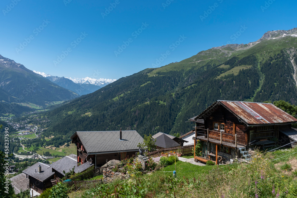 Village of Bellwald with the mountains Weisshorngruppe and Eggishorn in background