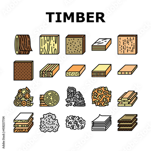 Timber Wood Industrial Production Icons Set Vector. Fiber Board And Round Wooden Desk, Pellets And Plywood Timber Line. Charcoal And Paper List Sheet Industry Production Color Illustrations