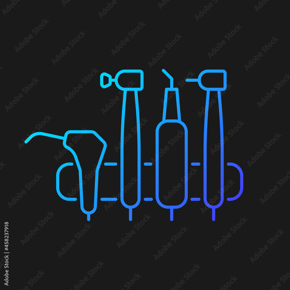 Dental machine unit gradient vector icon for dark theme. Medical tools for dentist. Orthodontic instruments. Thin line color symbol. Modern style pictogram. Vector isolated outline drawing Dental machine unit gradient vector icon for dark theme. Medical tools for dentist. Orthodontic instruments. Thin line color symbol. Modern style pictogram. Vector isolated outline drawing