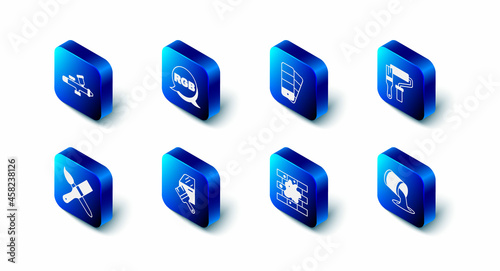 Set RGB, Color palette guide, Paint roller brush, bucket, Painting the house, Car painting, and spray gun icon. Vector