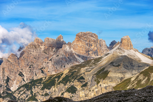 Sesto Dolomites seen from Tre Cime di Lavaredo, mountain peak of Monte Rudo or Rautkofel, Croda dei Rondoi or Schwalbenkofel (Rondoi-Baranci), Torre dei Scarperi or Schwabenalpenkopf, Trentino, Italy