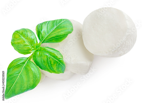 Mozzarella cheese with basil leaves isolated on white background. Top view