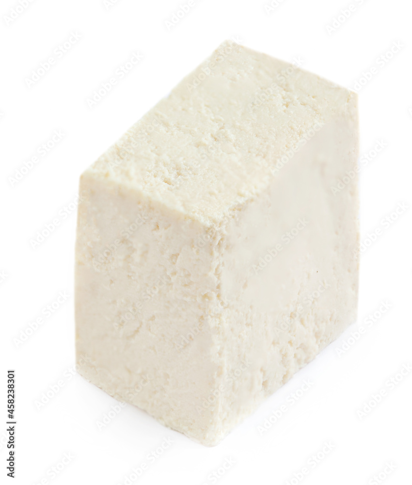 Feta cheese cube  isolated on white background. Greek soft salty cheese