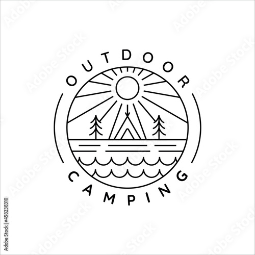 camping logo line art simple minimalist vector illustration template icon design. adventure and wanderlust symbol for activity outdoor night camp with badge concept