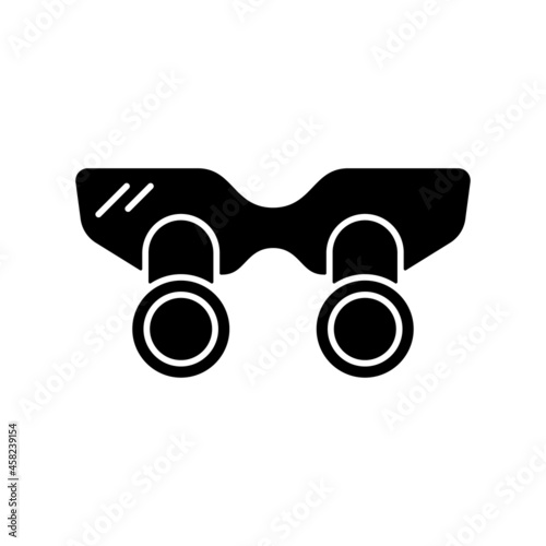 Dental loupes black glyph icon. Equipment for enlarging and examining teeth. Magnifying glasses. Enhancing dentist visual acuity. Silhouette symbol on white space. Vector isolated illustration
