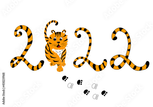 Funny and adorable cartoon tiger. Greeting card with tiger. Symbol of 2022.