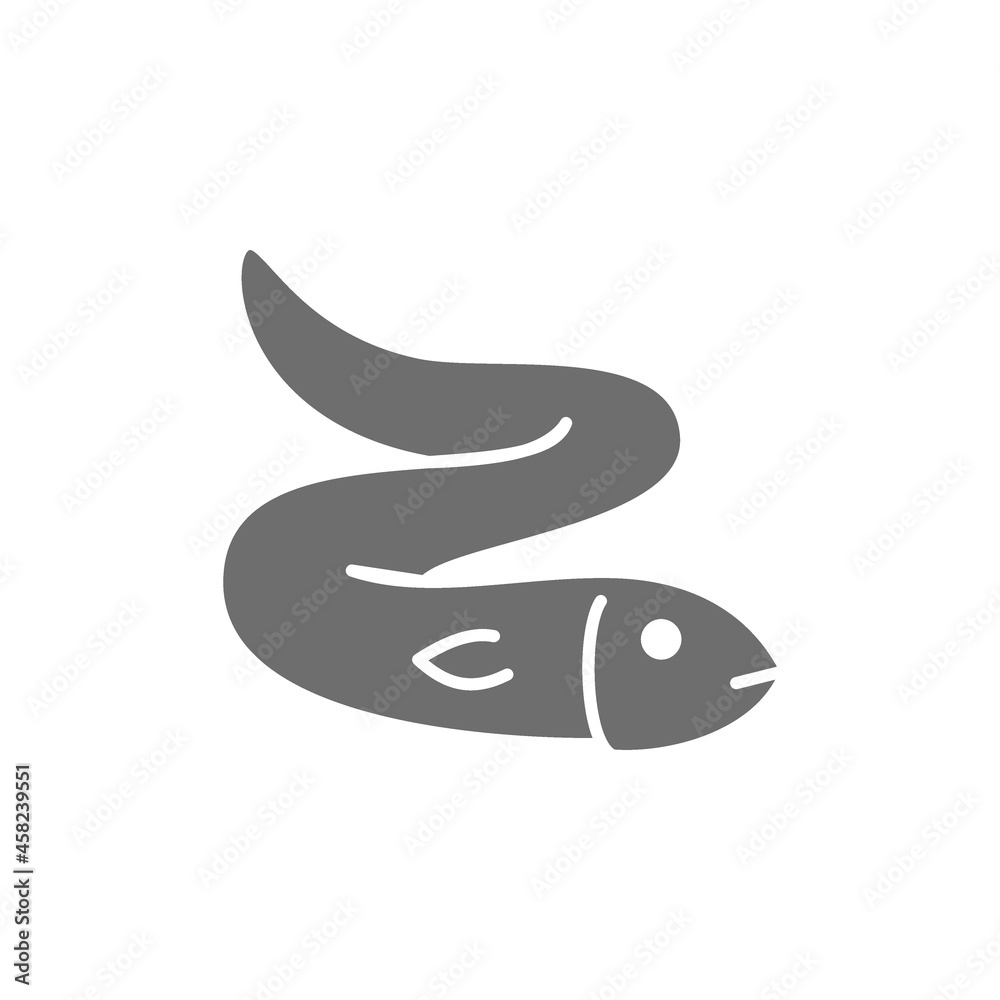 Vector eel, fish, aquatic animal grey icon.