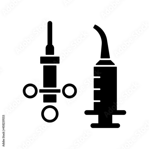 Dental irrigation syringe black glyph icon. Delivering local anesthetic. Dental supplies. Intraoral injections. Performing procedure. Silhouette symbol on white space. Vector isolated illustration