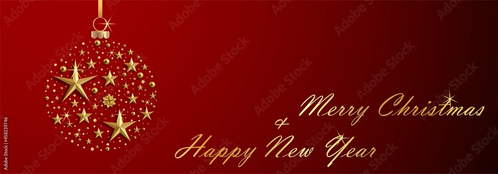 Naklejka premium Red christmas background with gold stars and balls. 