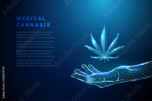 Abstract blue giving hand with cannabis leaf