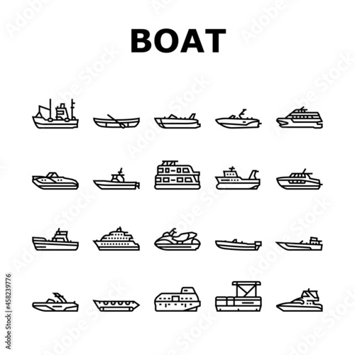 Boat Water Transportation Types Icons Set Vector. Runabout And Catamaran, Fishing And Bowrider, Motor Yacht And Cabin Cruiser Boat Line. Ship And Motorboat Transport Black Contour Illustrations