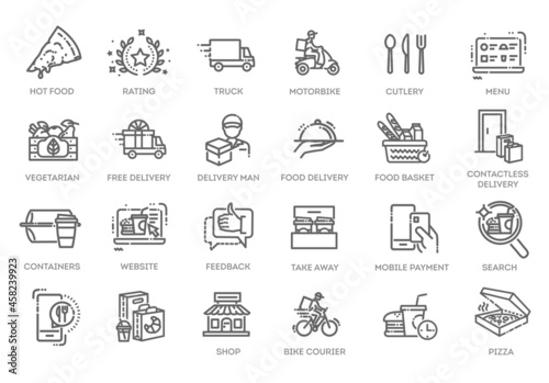 Food delivery - thin line web icon set. Outline icons collection