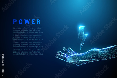 Abstract blue low poly giving hand with lightning