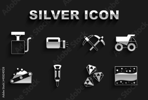 Set Construction jackhammer, Mining dump truck, Gold mine, Gem stone, Conveyor belt carrying coal, Pickaxe, Handle detonator and Flashlight icon. Vector