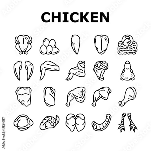Chicken Animal Farm Raw Meat Food Icons Set Vector. Chicken Leg Quarter And Feet, Neck And Back, Wing And Drumstick Bird Body Parts, Heart And Liver Black Contour Illustrations