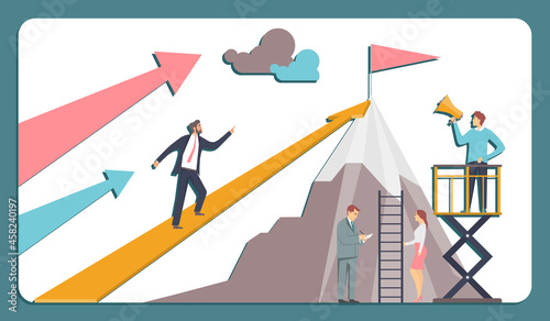 The concept of achieving career goals, the path to self-development and development of a person's personality. Purposefulness. Vector illustration.