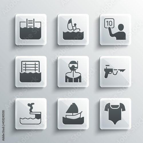 Set Yacht sailboat, Swimsuit, Fishing harpoon, Wetsuit for scuba diving, Swimmer into pool, Water polo, Swimming with ladder and Assessment of judges icon. Vector