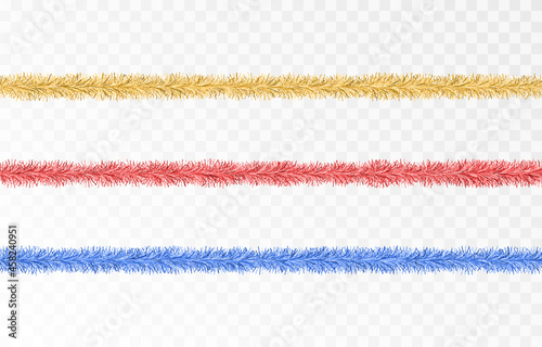 Vector Christmas tinsel. Gold tinsel png, gold garland, decor element. Christmas, holiday.
