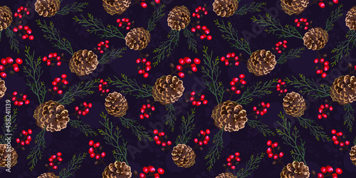 Beautiful Christmas vector seamless background with pine cones  berries and branches. Festive New Year s pattern