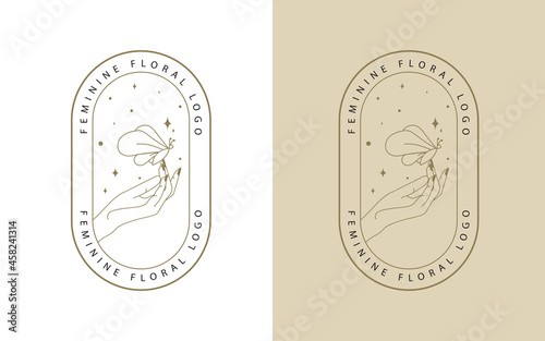feminine Beauty boho logo collection with magical hand, nails, rose, crystal, moon, sun, star Vector illustration for icon, logo, sticker, printable and tattoo