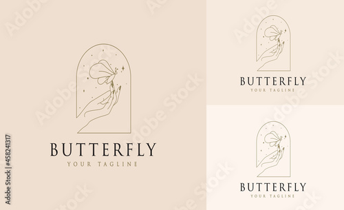 feminine Beauty boho logo collection with magical hand, nails, rose, crystal, moon, sun, star Vector illustration for icon, logo, sticker, printable and tattoo