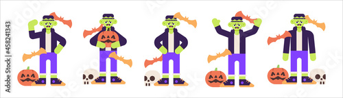 Set of Cute Frankenstein Costume for Halloween with various pose illustration