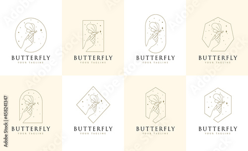 feminine Beauty boho logo collection with magical hand, nails, rose, crystal, moon, sun, star Vector illustration for icon, logo, sticker, printable and tattoo