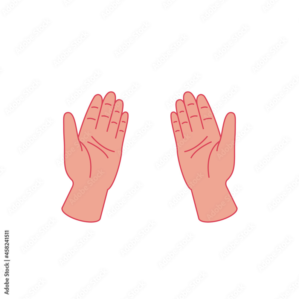 Cartoon hands with palms facing up. Two drawn human hands outlined with a line indicate an empty space. Vector stock illustration isolated on white background. Cartoon hands with palms facing up. Two drawn human hands outlined with a line indicate an empty space. Vector stock illustration isolated on white background.