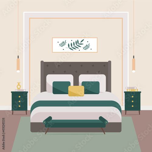 Bedroom interior. Bedroom with double bed and bedside tables. Modern design. Vector illustration in flat style