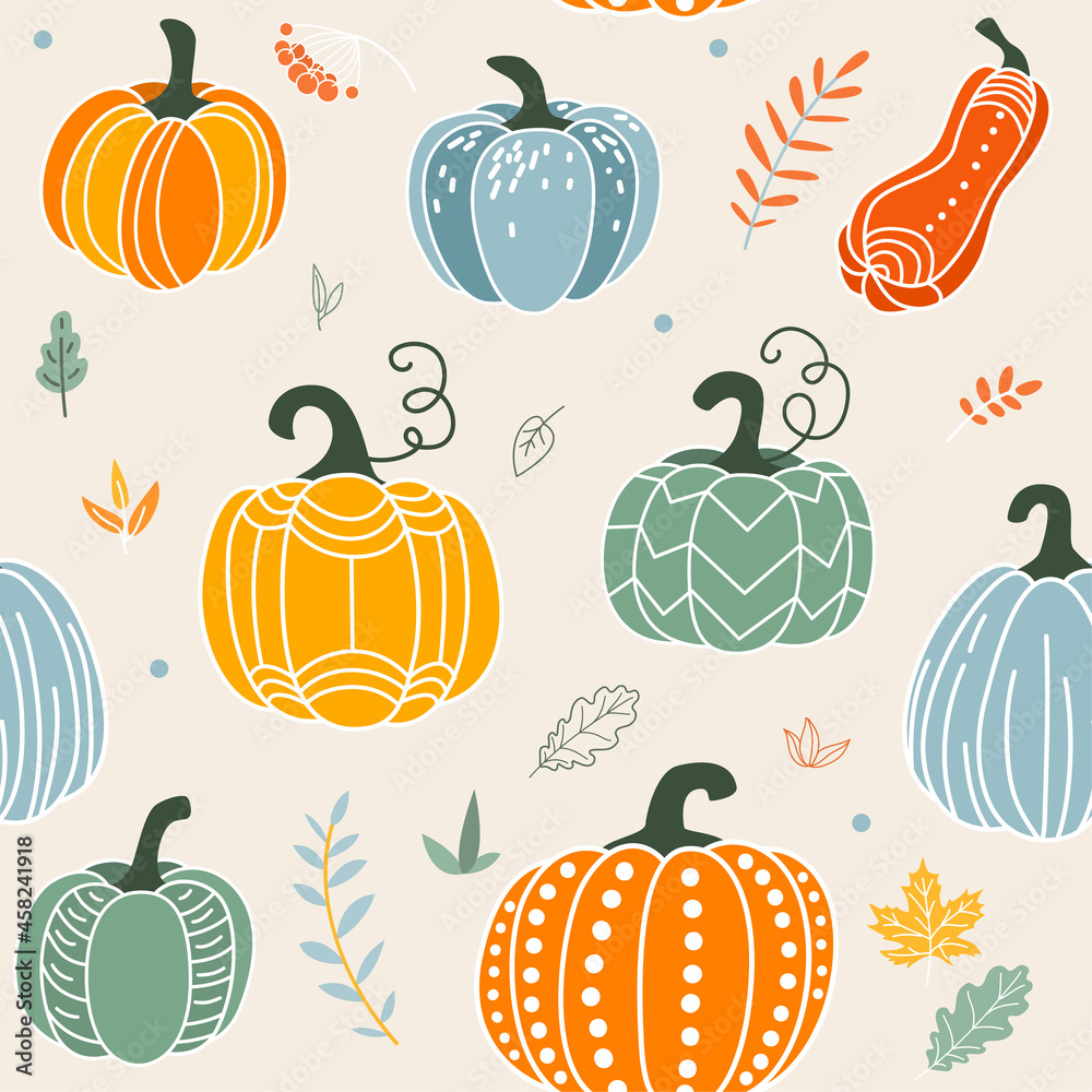 Pumpkin seamless pattern vector illustration. Gourds in flat simple modern doodle style with floral elements. For thanksgiving, halloween, autumn harvest design Pumpkin seamless pattern vector illustration. Gourds in flat simple modern doodle style with floral elements. For thanksgiving, halloween, autumn harvest design
