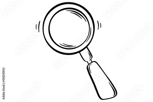 Magnifier in doodle. Magnifying glass. Hand drawn loupe in sketch. Magnifier in cartoon style. Search symbol.